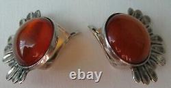 Vintage Sterling Silver 925 Women's Jewelry Earrings Amber Stone Stud Ear