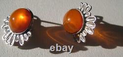 Vintage Sterling Silver 925 Women's Jewelry Earrings Amber Stone Stud Ear