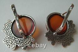 Vintage Sterling Silver 925 Women's Jewelry Earrings Amber Stone Stud Ear