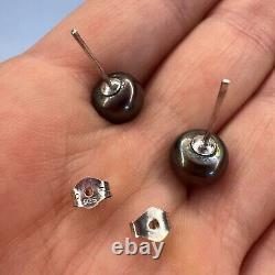 Vintage Sterling Silver 925 Women's Jewelry Stud Earrings Black Pearl Marked