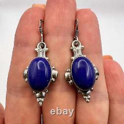 Vintage Sterling Silver 925 Womens Jewelry Earrings Lapis Lazuli Stone Signed 7g