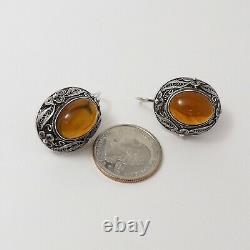 Vintage Sterling Silver Amber Cabochon Filigree Halo Drop Earrings Large 12gr