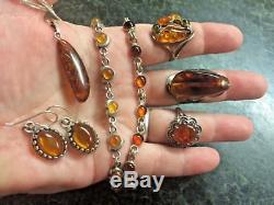 Vintage Sterling Silver Amber Jewelry Lot Rings, Bracelets, Earrings, Necklace
