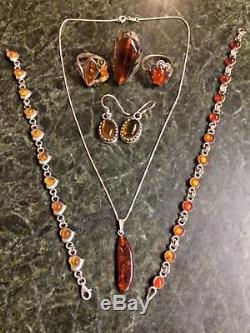 Vintage Sterling Silver Amber Jewelry Lot Rings, Bracelets, Earrings, Necklace