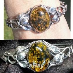 Vintage Sterling Silver Amber Jewelry Set Bracelet, Earrings, Pendant Necklace