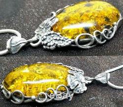 Vintage Sterling Silver Amber Jewelry Set Bracelet, Earrings, Pendant Necklace