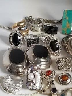Vintage Sterling Silver Amber Pearl Onyx Earrings 11 Rings Azurite Necklaces