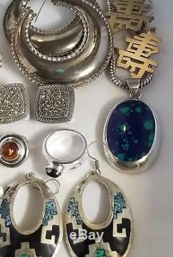 Vintage Sterling Silver Amber Pearl Onyx Earrings 11 Rings Azurite Necklaces