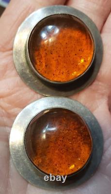 Vintage Sterling Silver Amber Pierced Clip On Earrings TR Mexico 925