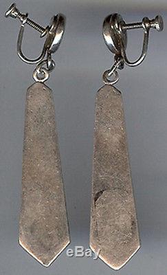 Vintage Sterling Silver And Black Enamel Modernist Dangle Earrings