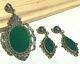 Vintage Sterling Silver Art Deco 1940's Green Agate Marcasite Necklace Earrings
