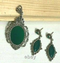 Vintage Sterling Silver Art Deco 1940's Green Agate marcasite Necklace Earrings