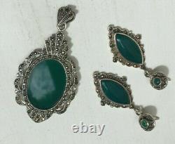 Vintage Sterling Silver Art Deco 1940's Green Agate marcasite Necklace Earrings
