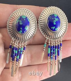 Vintage Sterling Silver Azurite Malachite Earrings Dangle Ornate Fine