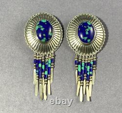 Vintage Sterling Silver Azurite Malachite Earrings Dangle Ornate Fine