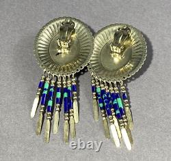 Vintage Sterling Silver Azurite Malachite Earrings Dangle Ornate Fine