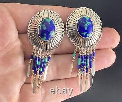 Vintage Sterling Silver Azurite Malachite Earrings Dangle Ornate Fine