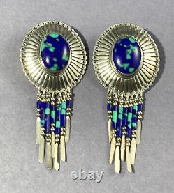 Vintage Sterling Silver Azurite Malachite Earrings Dangle Ornate Fine