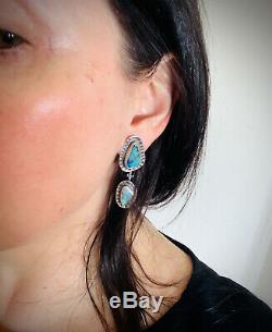 Vintage Sterling Silver Big Opal Earrings Southwest Native American Large