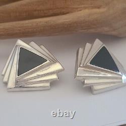 Vintage Sterling Silver Black Onyx Art Deco Design Earrings 925 Pierced