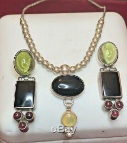 Vintage Sterling Silver Black Onyx Gemstone Necklace Signed Qt Earrings Peridot
