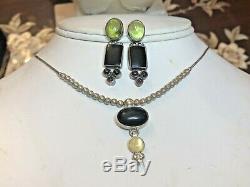 Vintage Sterling Silver Black Onyx Gemstone Necklace Signed Qt Earrings Peridot