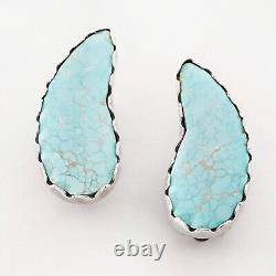 Vintage Sterling Silver Blue Spiderweb Turquoise Sawtooth Bezel Clip On Earrings