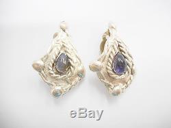Vintage Sterling Silver Cabochon Amethyst Clip On Earrings #2801