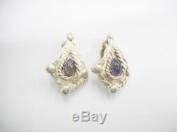 Vintage Sterling Silver Cabochon Amethyst Clip On Earrings #2801