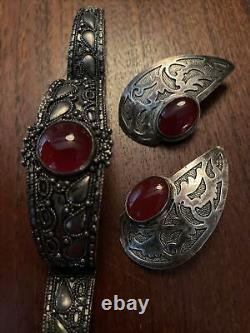 Vintage Sterling Silver Carnelian Filigree Bracelet And Earrings 44 Grams