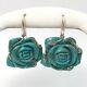 Vintage Sterling Silver Carved Turquoise 3d Blooming Rose Dangle Earrings
