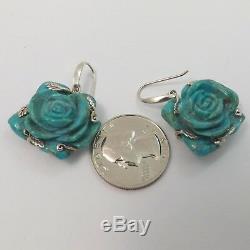 Vintage Sterling Silver Carved Turquoise 3D Blooming Rose Dangle Earrings