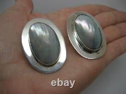 Vintage Sterling Silver Cerro Blanco Blister Pearl Oval Earrings Made In Mexico