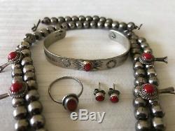 Vintage Sterling Silver & Coral Cuff Squash Blossom Necklace Earrings Ring Set