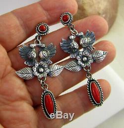 Vintage Sterling Silver Coral ESCORCIA Bird Dove Long Dangle Pierced Earrings