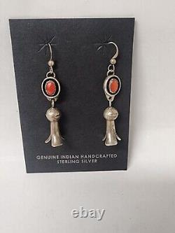 Vintage Sterling Silver Coral Shadow Box Squash Blossom Dangle Earrings