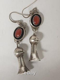 Vintage Sterling Silver Coral Shadow Box Squash Blossom Dangle Earrings