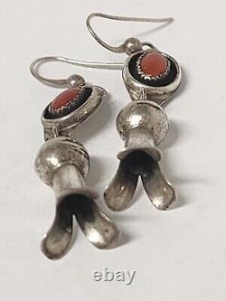 Vintage Sterling Silver Coral Shadow Box Squash Blossom Dangle Earrings