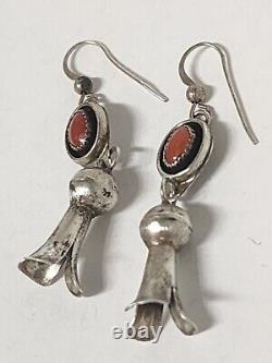 Vintage Sterling Silver Coral Shadow Box Squash Blossom Dangle Earrings