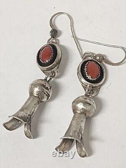 Vintage Sterling Silver Coral Shadow Box Squash Blossom Dangle Earrings