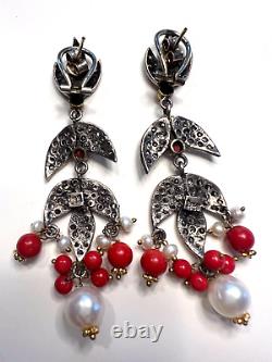 Vintage Sterling Silver Coral and Pearl Chandelier Earrings