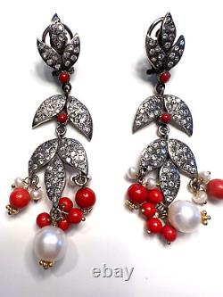 Vintage Sterling Silver Coral and Pearl Chandelier Earrings