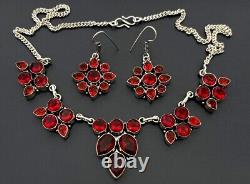 Vintage Sterling Silver Dangle Garnet Flower Necklace Pierced Earrings Set