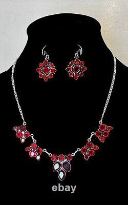 Vintage Sterling Silver Dangle Garnet Flower Necklace Pierced Earrings Set