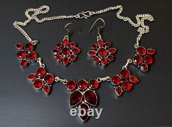 Vintage Sterling Silver Dangle Garnet Flower Necklace Pierced Earrings Set