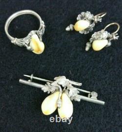 Vintage Sterling Silver Deer Tooth Oak Leaf Acorn Ring Earrings Brooch Set