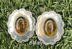 Vintage Sterling Silver Earrings 925 Baltic Amber Large Flower Signed BN