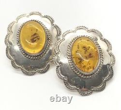 Vintage Sterling Silver Earrings 925 Baltic Amber Large Flower Signed BN