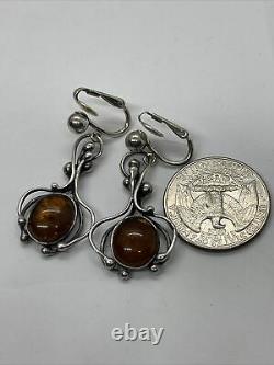 Vintage Sterling Silver Earrings 925 Clip On Dangle Modernist Amber
