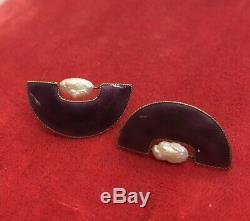 Vintage Sterling Silver Earrings 925 Seed Pearl Enamel Purple